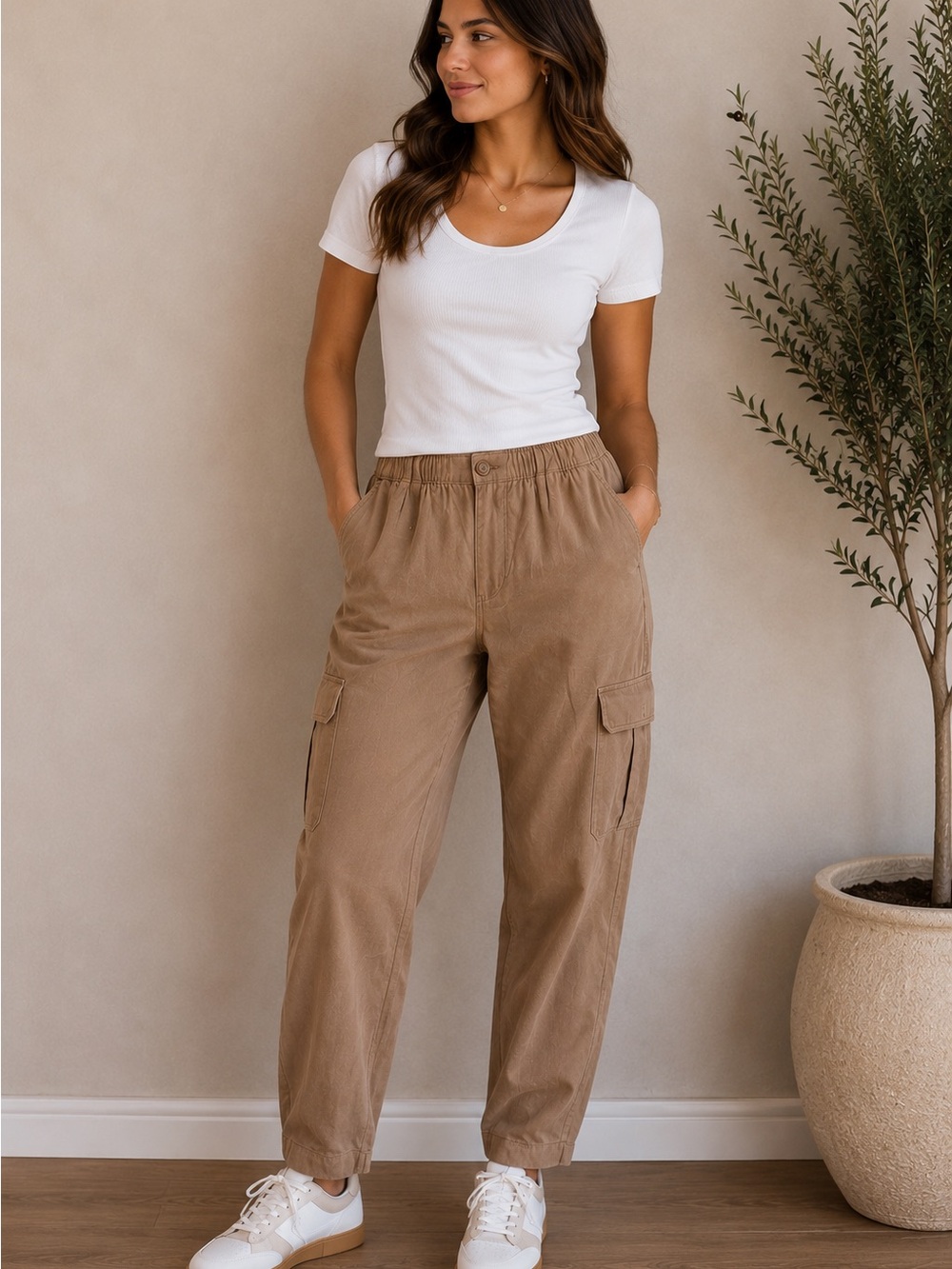 Wonderly Tan Cargo Jogger Pant - Elastic Waist Utility Style